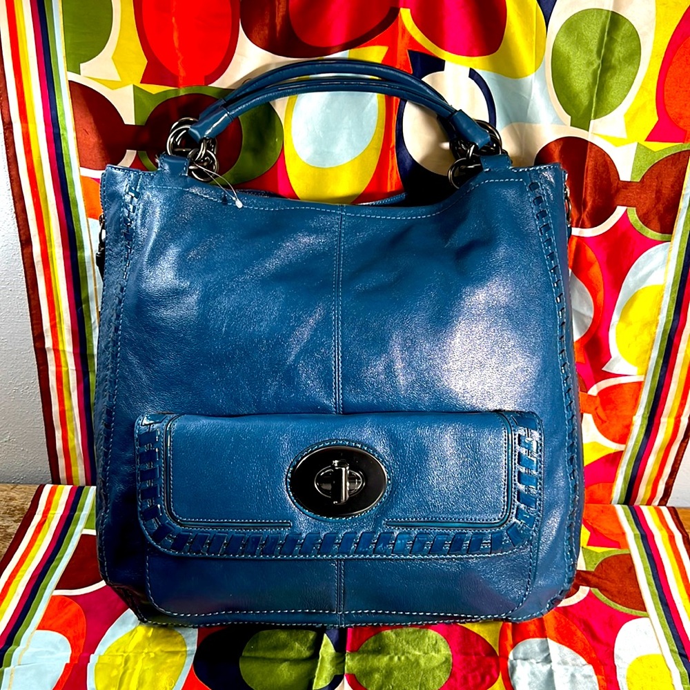 Coach Devin XL Duffle Shoulder Bag Denim Blue Whipstitch Turnlock $698